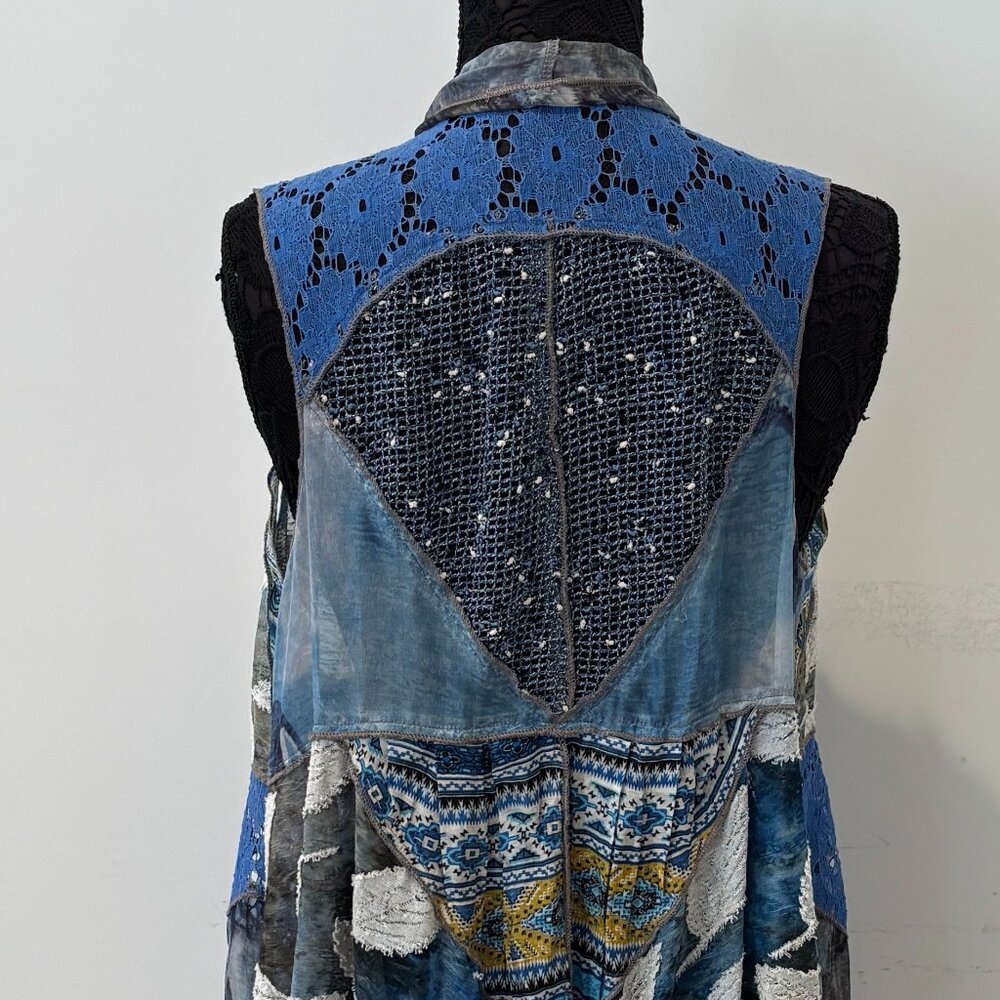 Bohemian patchwork sleeveless vest in blue, white, and gold, one size - Picture 9 of 11